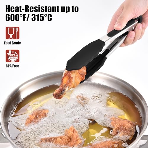 Kitchen Tongs with Silicone Tips for Cooking Serving (7in / Black)