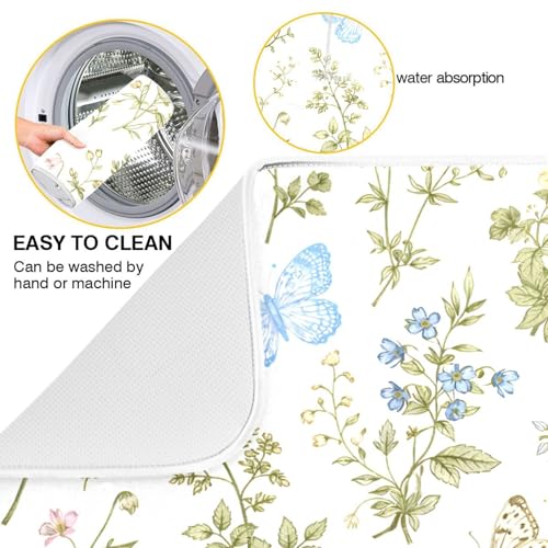 Herbs Flowers Botanical Butterfly Dish Drying Mat for Kitchen Counter Absorbent Microfiber Drying Pad (16" x 18")