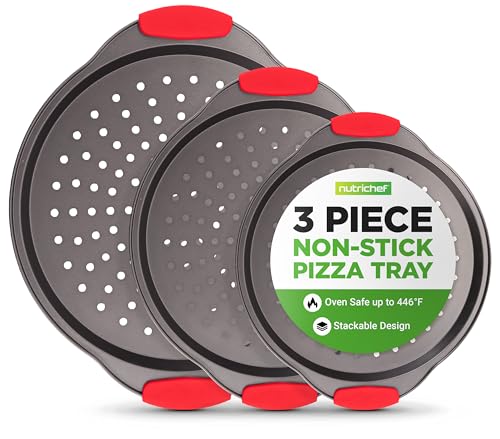 3 Piece Pizza Tray Set with Silicone Handles (3 Pack Small, Medium, Large)