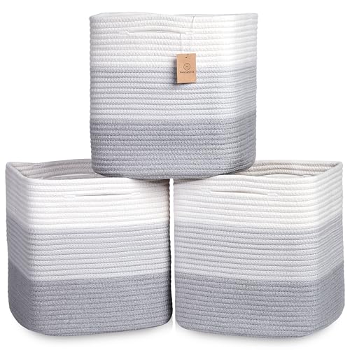 13 Inch Cube Storage Bins Cotton Rope Woven Baskets for Organizing 3 (3-Tone Gray / 13 x 13 x 13 (Standard))