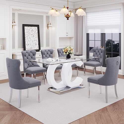 7 Piece Glass Dining Table Set for 6 (White Table & Silver Grey Chair / 7-Piece Set-OC-Shaped Table)