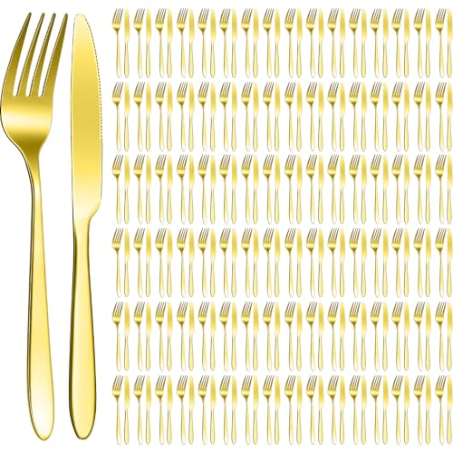 100 Pieces Stainless Steel forks and knives Dinner Flatware Set Tableware Cutlery for Butter Kitchen Restaurant (8.4 Inches, 7.1 Inches / Gold)