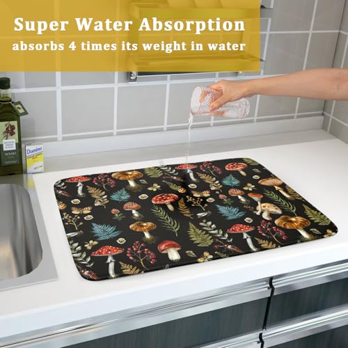 Natural Botanical Dish Drying Mat Mushroom Fern Leaves Berry Drainer Mat Black Drying Pad for Countertop 18 X 24 Inch (Mushroom - Black / 24" x 18")