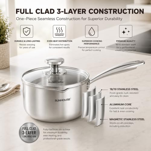 3QT Stainless Steel Saucepan with Pour Spout & Strainer Glass Lid