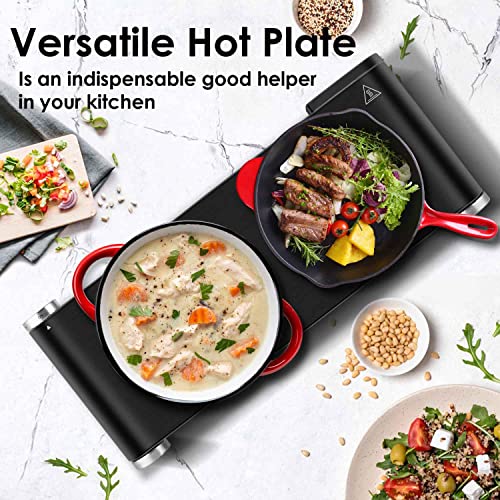 Hot Plate for Cooking 1800W Portable Electric Double Burner Countertop Cooktop Cast Iron Stove Heating Plate with 7 Power Levels Adjustable Temp Control (Black / Double)