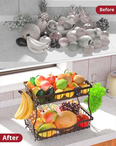 Large 2 Tier Fruit Basket for Kitchen Counter with 2 Banana Hangers (Bronze)