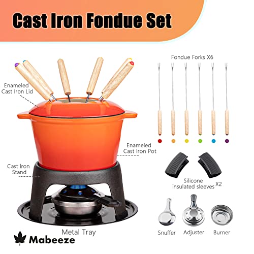 Cast Iron Fondue Pot Set Orange Enameled 1.6 Qt for Cheese (Orange)
