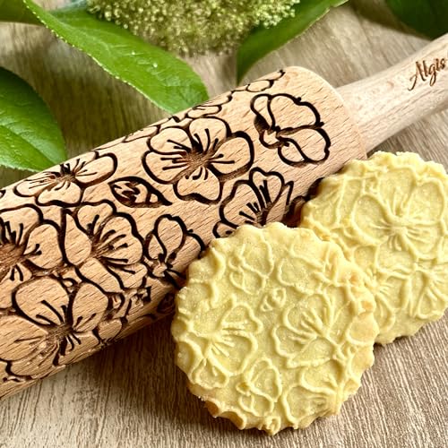 GARDEN BLOSSOMS 3 Small Size Embossed Rolling Pin Set. Wooden Laser Engraved Embossing Dough Roller for Embossed Cookies Gift for Birthday