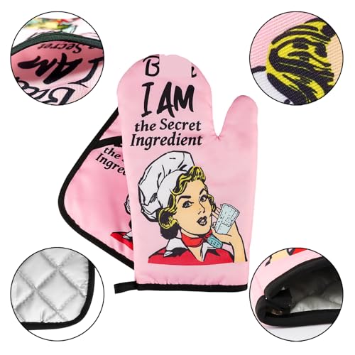 Funny Oven Mitts and Pot Holders Sets Cooking BBQ Non (Pink)