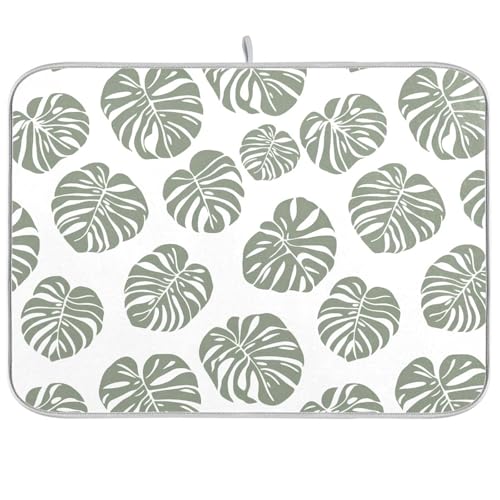 Green Palm Monstera Leaves Dish Drying Mat for Kitchen Counter Absorbent Microfiber Drying Pad (18" x 18")