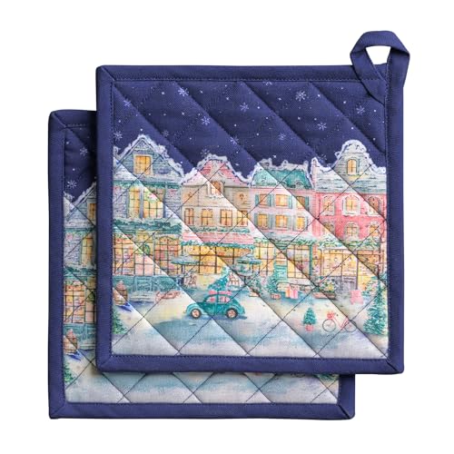 Pot Holders 100% Cotton Potholders (123 - Christmas Market - Blue / 8" x 8" (Pot Holder Pack of 2))