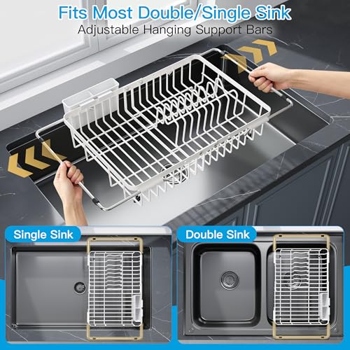 White Dish Drying Rack Over the Sink with Utensil Holder (White / For 12.5"-30"w Sink, Expandable)