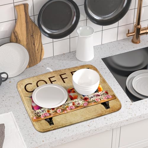 Coffee Cup Dish Drying Mat Brown Bird Drying Matt Kitchen Counter for Coffee Bar Decor (Bird Cups 511 / 18" x 16")