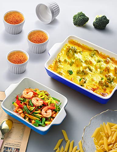 Ceramic Baking Dish and Ramekins Set Casserole Dish with Handles Packaging Upgrade Nonstick Ceramic Bakeware Ramekins Bowls for Baking Souffle (Blue 2 set)
