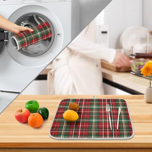 Christmas Red Green Buffalo Checkered Dish Drying Mat for Kitchen Counter Absorbent Microfiber Large Drying Pad Dish Mats for Kitchen Countertops 18 x 24 Inch (24" x 18")