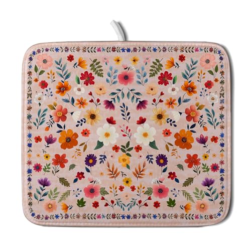 Boho Floral Dish Drying Mat (Wildflowers Pink / 18" x 16")