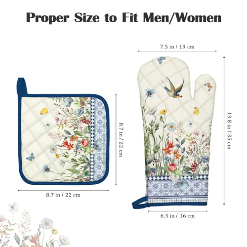 Country Wildflower Oven Mitts and Pot Holders Set (Retro Wildflowers / Oven Mitt x1 & Pot Holder x1)