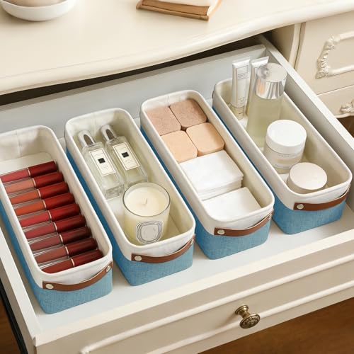 Small Fabric Storage Baskets (Teal / Off-White / Narrow-15"x6"x5")