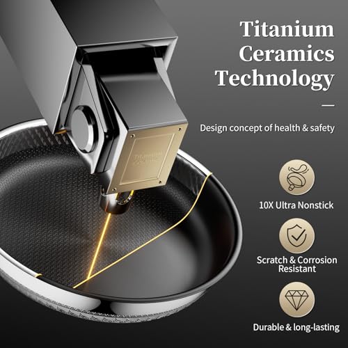 Nonstick Titanium Ceramics Stainless Steel Frying Pan Set (Titanium Ceramic Hybrid Stainless Steel / 8Inch+10Inch+12Inch)