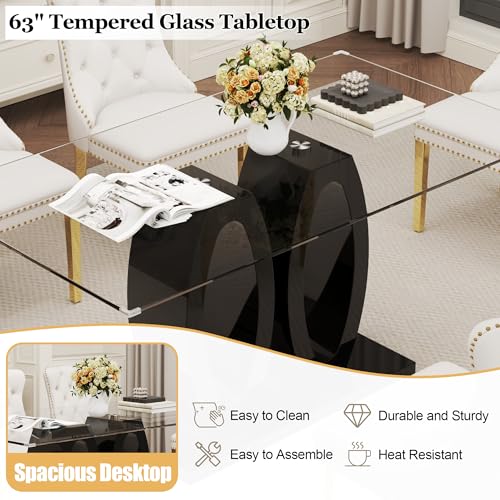63" Glass Dining Table Set for 6 (Black Table & Gold White Chair / 7-Piece Set-Double O-Shaped Table)