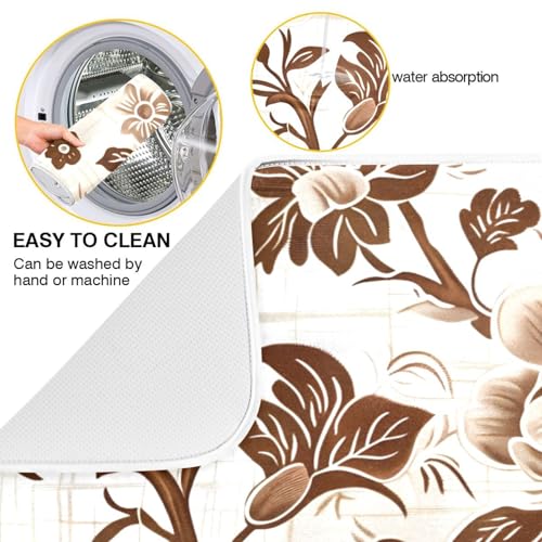 Brown Beige Floral Leaves Dish Drying Mat for Kitchen Counter Absorbent Microfiber Drying Pad (18" x 24")