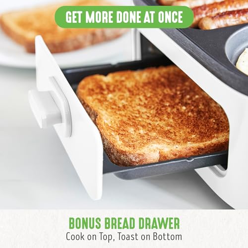 3-in-1 Breakfast Maker Station, Healthy Ceramic Nonstick Dual Griddles for Eggs Meat Sausage Bacon Pancakes and Breakfast Sandwiches, 2 Slice Toast Drawer, Easy-to-use Timer, White (White / 11" Breakfast Maker / Breakfast Maker)