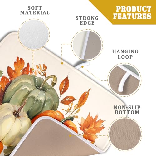 Fall Pumpkin Dish Drying Mat Autumn Leaves Absorbent Dishes Pad 16x18 Inch Seasonal Microfiber Dish Drainer Rack Mat for Kitchen Countertop (Fall Pumpkin / 16x18 inch)