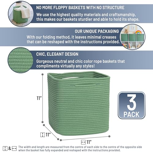 Storage Cubes 11 Inch Cotton Rope Woven Baskets for Organizing (Green)