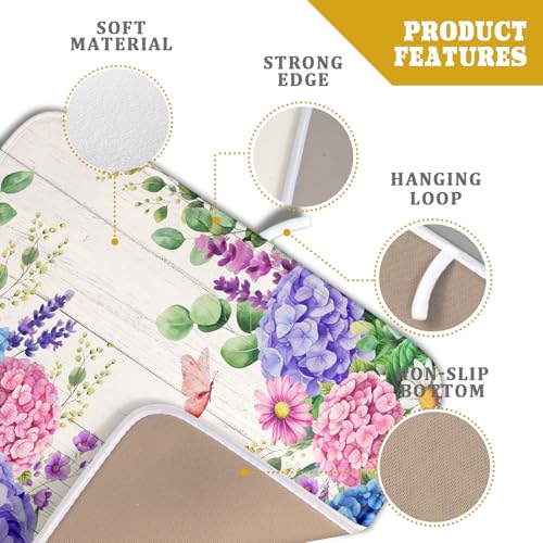 Hydrangea Floral Dish Drying Mat 16x18 inch Spring Summer Decorative Fast Dry Dishes Draining Mats Absorbent Microfiber Drainer Rack Pad (Hydrangea Floral / 16 x 18 inch)