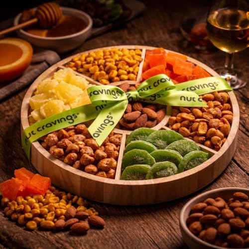 Dried Fruit & Mixed Nuts Gift Basket (6. Dried Fruits & Nuts Round Wooden Tray)