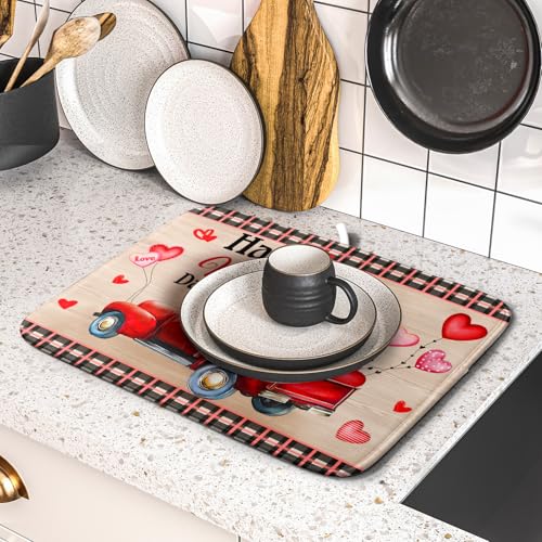 Valentine's Day Truck Dish Drying Mat 16x18 inch Love Heart Washable Absorbent Dishes Pad Dish Drainer Mat for Kitchen Counter Sink Coffee (Love Heart Truck / 16 x 18 inch)