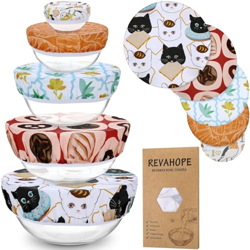 5Pcs Reusable Beeswax Elastic Bowl Covers for Bread Proofing and Food Cover (Toast Cat)