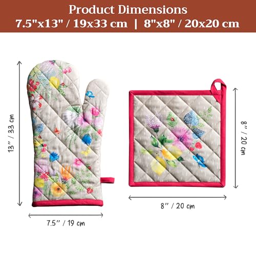 100% Cotton Oven Mitt & Pot Holder Set (105 - Jardin D'ete - Fog / 7.5" x 13" & 8" x 8" (Oven Mitt & Pot Holder))