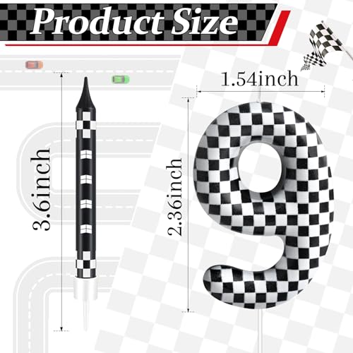 13 Pcs Racing Cars Themed Birthday Candles Black and White Race Number 9 Checkered Candle Cake Topper for Racing Car Party Decoration Supplies (13 Count)
