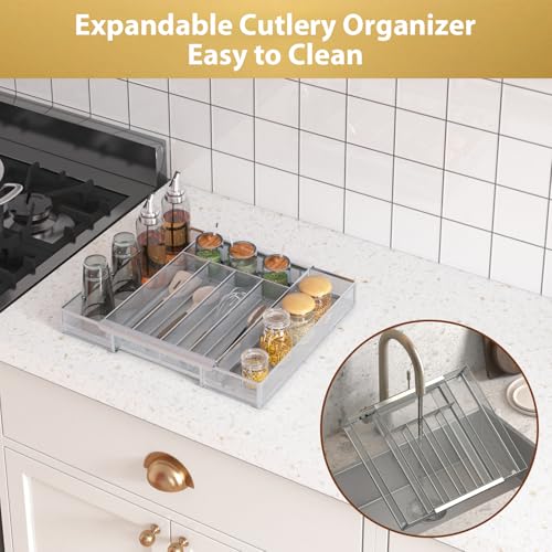 Silverware Organizer Metal Mesh (Silver / Expandable 9.6"~16.1" x 13.8")