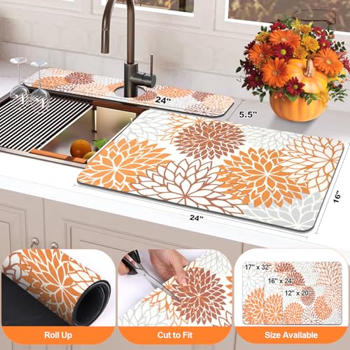 2Pcs Fall Dish Drying Mat & Sink Splash Guard (Orange / 16" X 24" + 24" X 5.5")