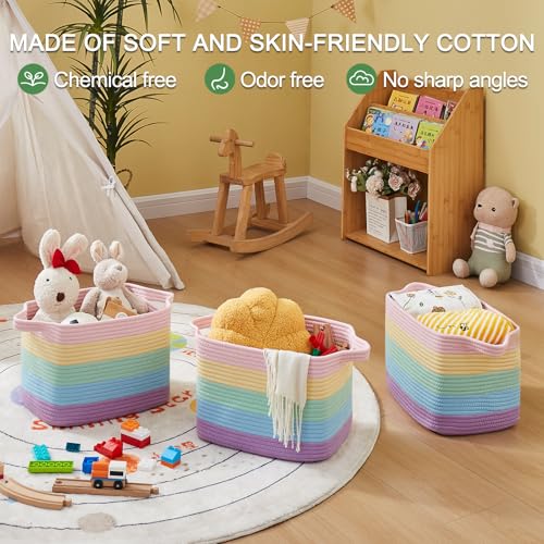 Cotton Rope Storage Baskets for Organizing Rainbow Pastel 3 (Rainbow Pastel / 3 pcs-13”x9.9”x8.7”)