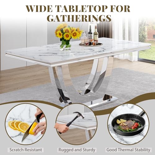 Marble Dining Table Set for 4 (Silver-white & White Chairs / 5-piece (Table + 4 Chairs))