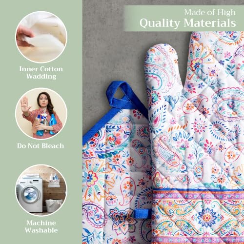 100% Cotton Oven Mitt & Pot Holder Set (083 - Indian Floral / 7.5" x 13" & 8" x 8" (Oven Mitt & Pot Holder))