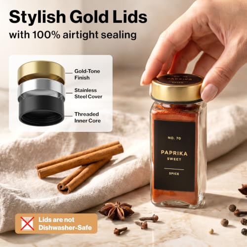 Glass Spice Jars with Label (Gold Steel Lid)