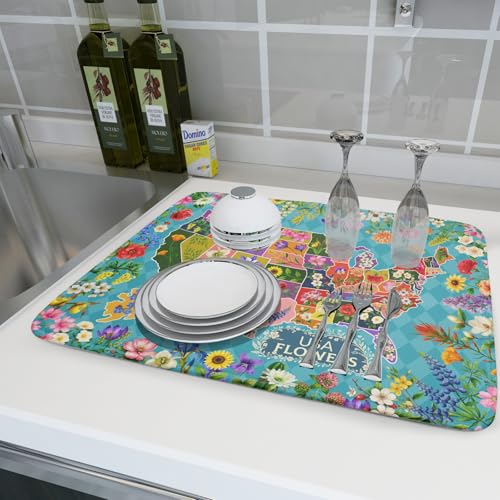 Flower Map Dish Drying Mat Colorful Floral Microfiber Large Dish Drying Pad for Kitchen Counter 18 X 24 In (Flower Map Green / 24" x 18")
