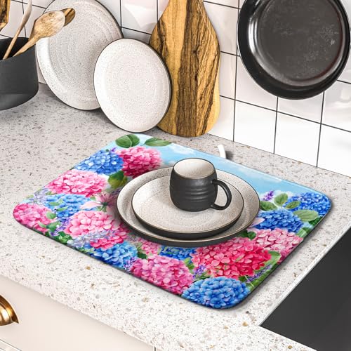 Hydrangea Floral Dish Drying Mat Cute Cat Microfiber Absorbent Dish Drying Pad for Kitchen Counter 16 X 18 (Colorful Hydrangea Cat / 18" x 16")