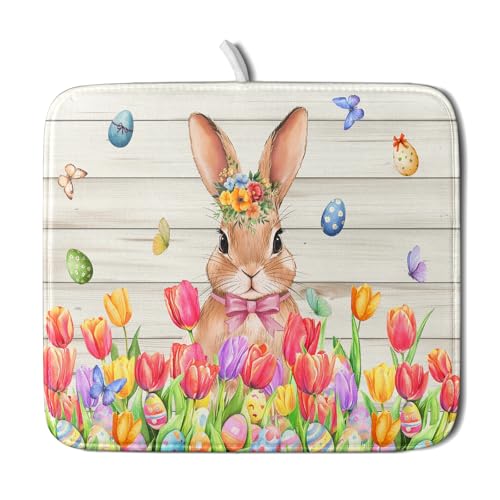 Easter Bunny Dish Drying Mat 16x18 inch Eggs Floral Fast Drying Pad Washable Reversible Microfiber Dish Drainer Mats for Kitchen Counter (Bunny Wood / 16" x 18")