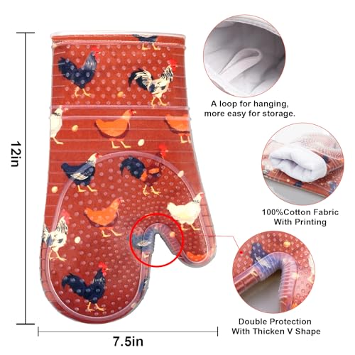 Oven Mitts with Transparent Clear Silicone Shell and Nice Shell Flower Printing (Oven mitts / Rooster Flower)