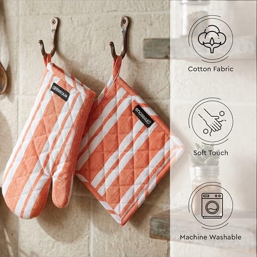 Oven Mitts and Pot Holders Set (Oven Glove + Pot Holder / Franca Orange Stripes)