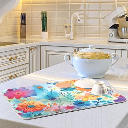 Colorful Flowers Blue Dish Drying Mat for Kitchen Counter Absorbent Microfiber Drying Pad (18" x 24")