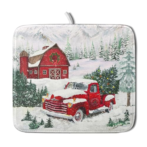 Winter Red Truck Dish Drying Mat Christmas Tree Dishes Pad 16x18 Inch Dish Drainer Rack Mats Absorbent Fast Dry Kitchen Holiday Accessories (Christmas Red Truck / 16" x 18")