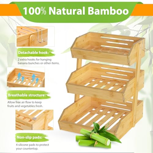 Bamboo Fruit Basket for Kitchen (3-Tier Nature)