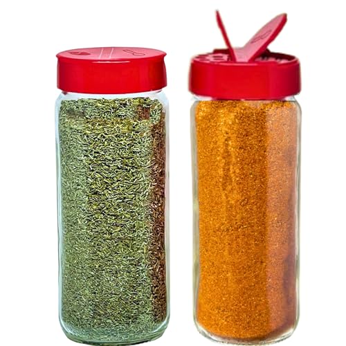 Premium Glass Spice Shakers (Tall Spice 16oz Red 7 Holes Set of 2)