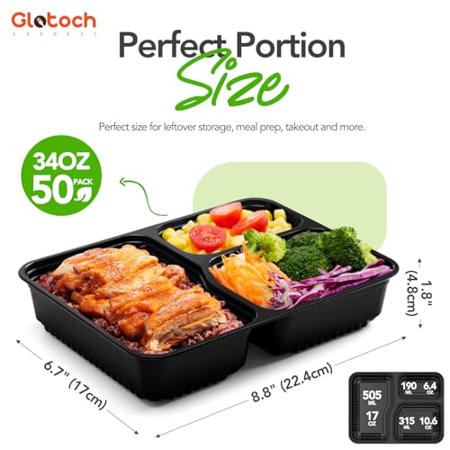 Glotoch 3 Compartment Meal Prep Containers with Lids (34oz-3comp-50pc)